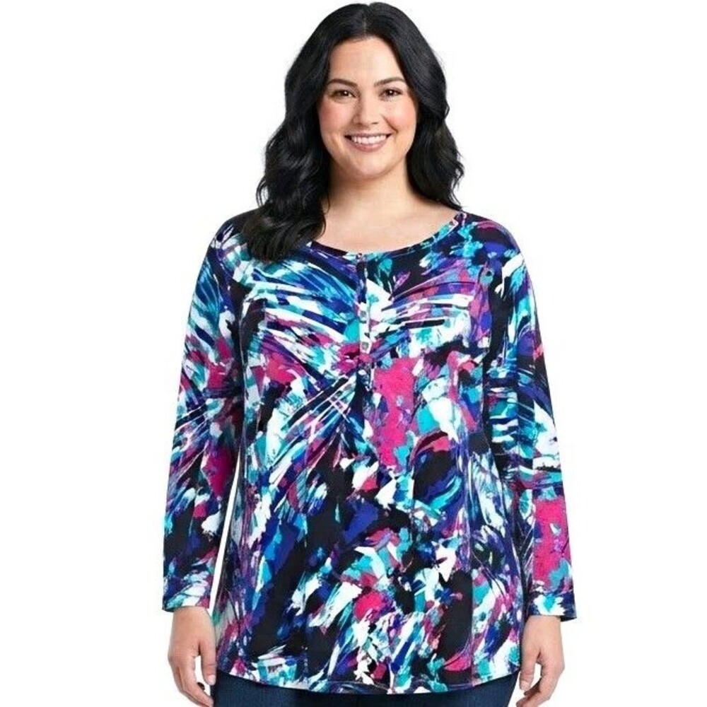 Relativity Womens Tunic Top 2X Abstract Knit Scoop Neck 3/4 Slv buttons Stretch